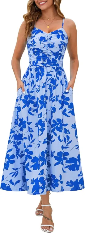 Annebouti Women 2025 Summer Spring Ruched Maxi Dress Adjustable Spaghetti Strap Floral Beach Long Sundress with Pockets