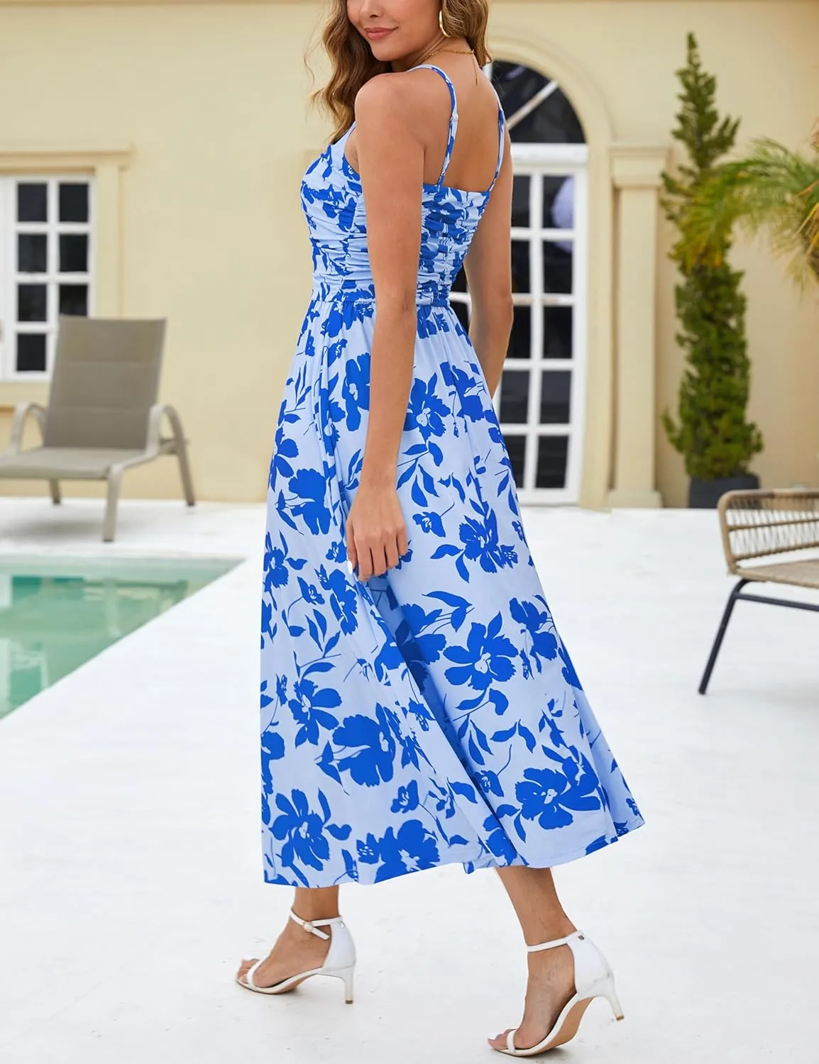 Annebouti Women 2025 Summer Spring Ruched Maxi Dress Adjustable Spaghetti Strap Floral Beach Long Sundress with Pockets