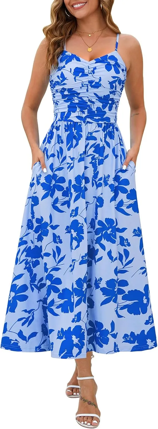 Annebouti Women 2025 Summer Spring Ruched Maxi Dress Adjustable Spaghetti Strap Floral Beach Long Sundress with Pockets