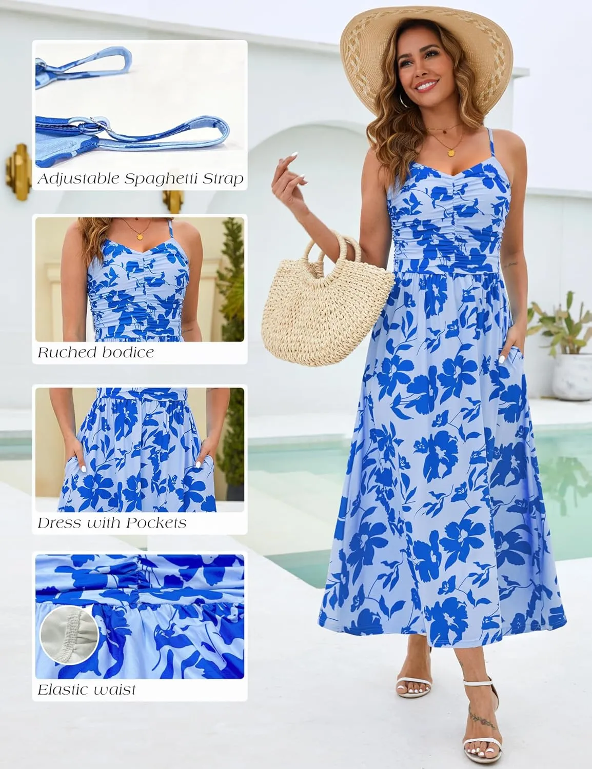 Annebouti Women 2025 Summer Spring Ruched Maxi Dress Adjustable Spaghetti Strap Floral Beach Long Sundress with Pockets