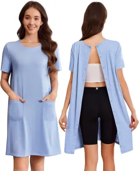 Deyeek Hospital Gowns for Women Open Back Tear Away Snap Nursing Dress Short Sleeve Soft Adaptive Clothing With Pockets
