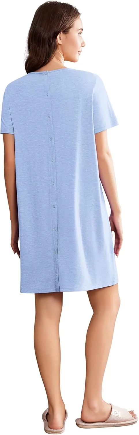 Deyeek Hospital Gowns for Women Open Back Tear Away Snap Nursing Dress Short Sleeve Soft Adaptive Clothing With Pockets