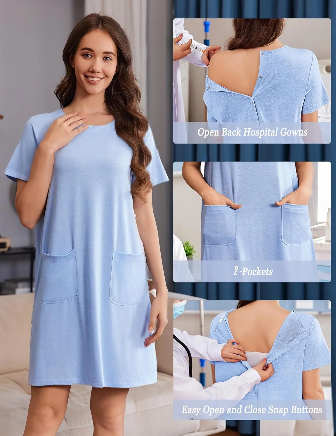 Deyeek Hospital Gowns for Women Open Back Tear Away Snap Nursing Dress Short Sleeve Soft Adaptive Clothing With Pockets