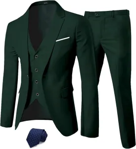 MY'S Men's 3 Piece Slim Fit Suit Set, One Button Solid Jacket Vest Pants with Tie