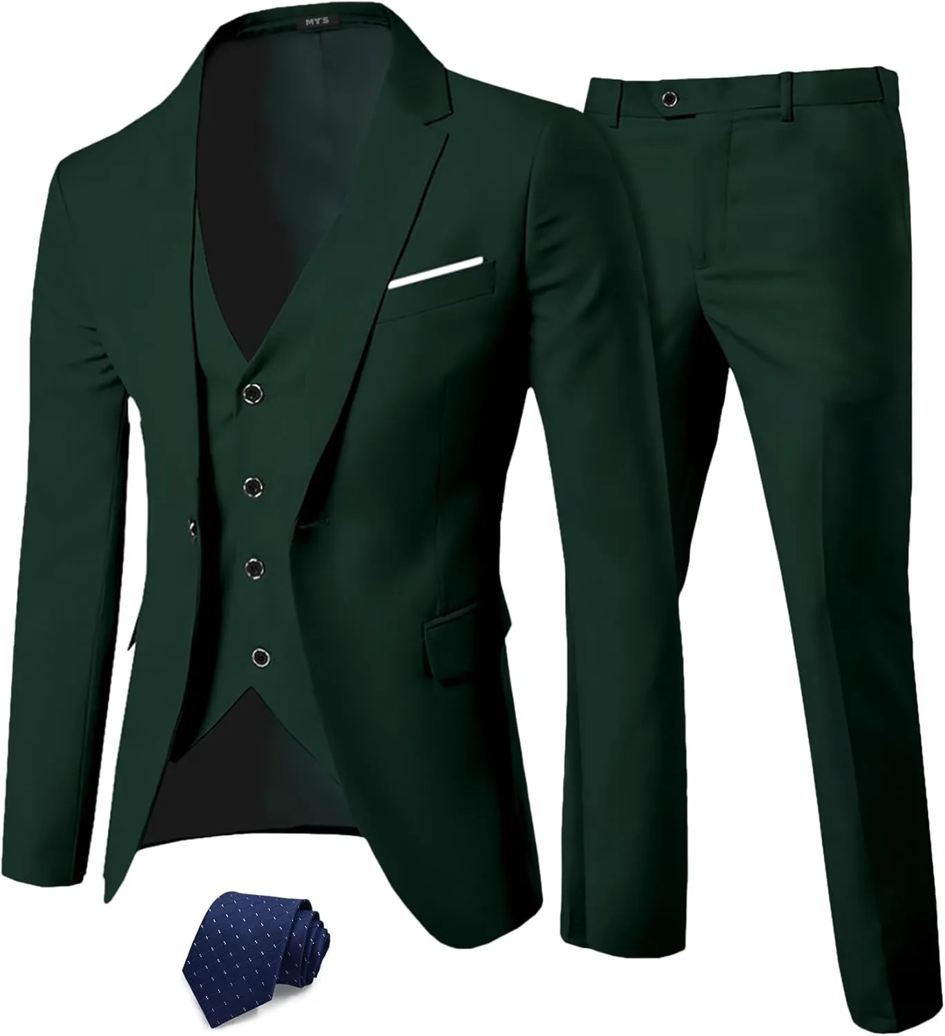 MY'S Men's 3 Piece Slim Fit Suit Set, One Button Solid Jacket Vest Pants with Tie