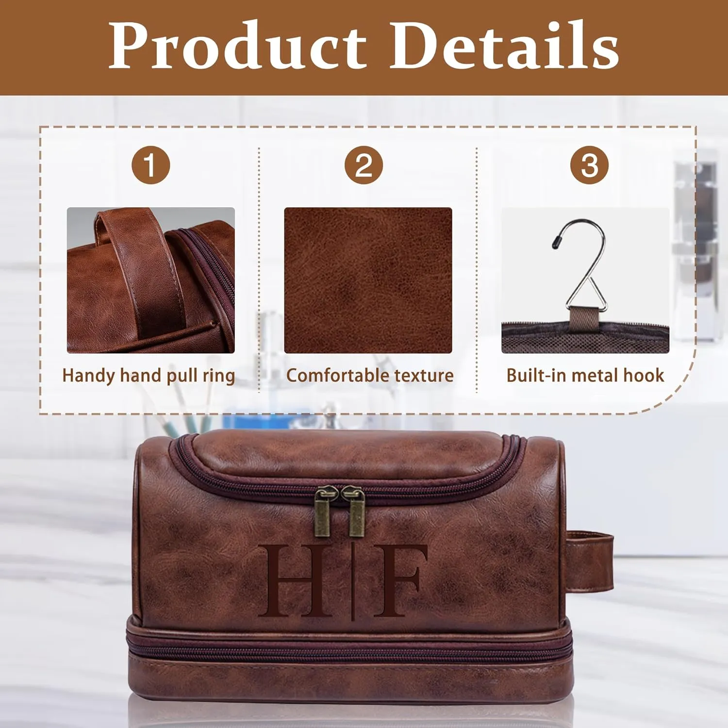 Personalized Leather Toiletry Bag For Men, Custom Mens Toiletry Travel Bag Dopp Kit Gift With Name, Customized Christmas Birthday Anniversary Wedding Gifts For Men Him Dad Boyfriend Groomsmen