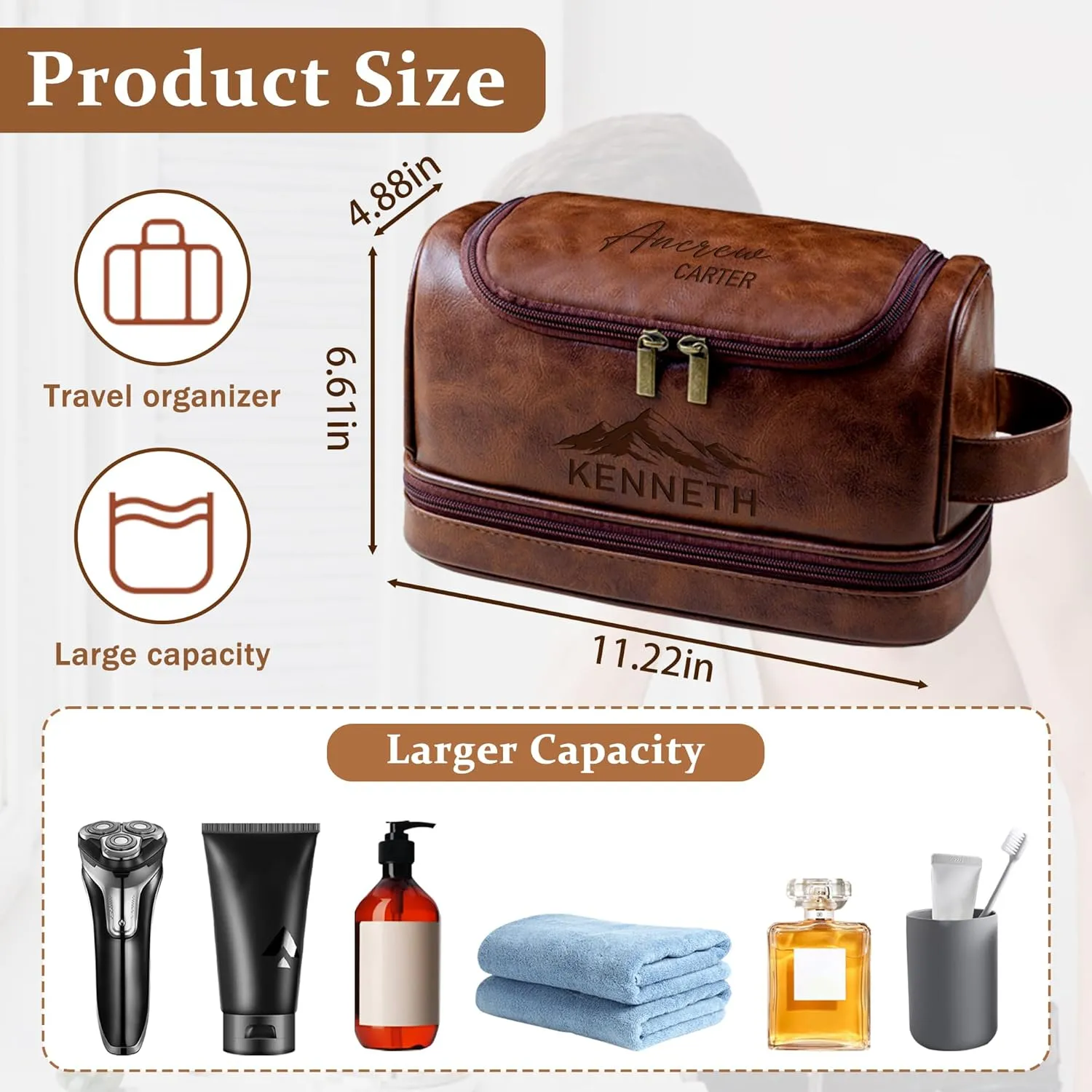 Personalized Leather Toiletry Bag For Men, Custom Mens Toiletry Travel Bag Dopp Kit Gift With Name, Customized Christmas Birthday Anniversary Wedding Gifts For Men Him Dad Boyfriend Groomsmen