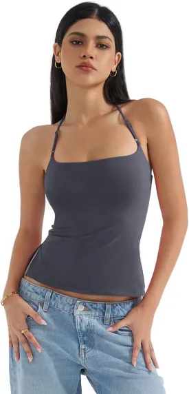 SUUKSESS Women Halter Double Lined Tank Top Backless Going Out Camisole Crop Top
