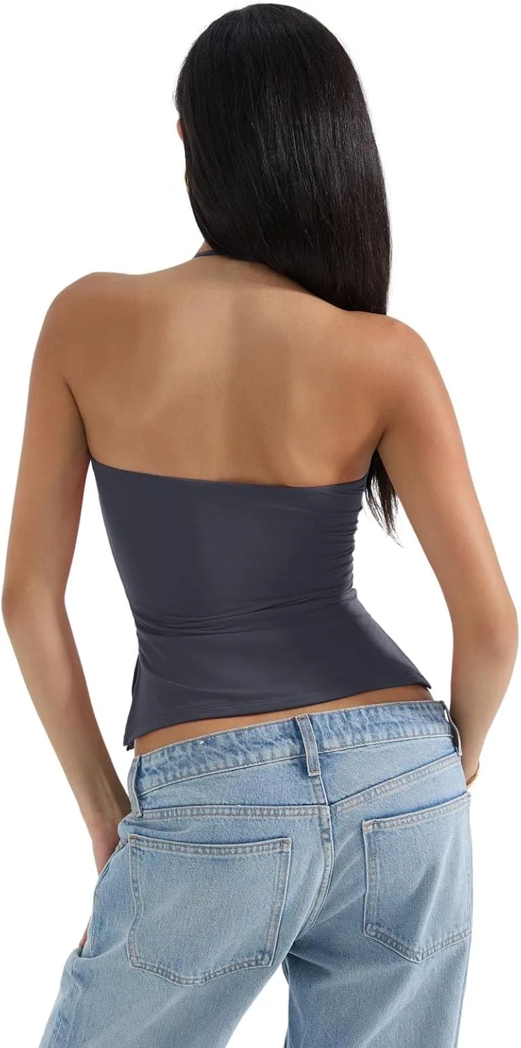 SUUKSESS Women Halter Double Lined Tank Top Backless Going Out Camisole Crop Top