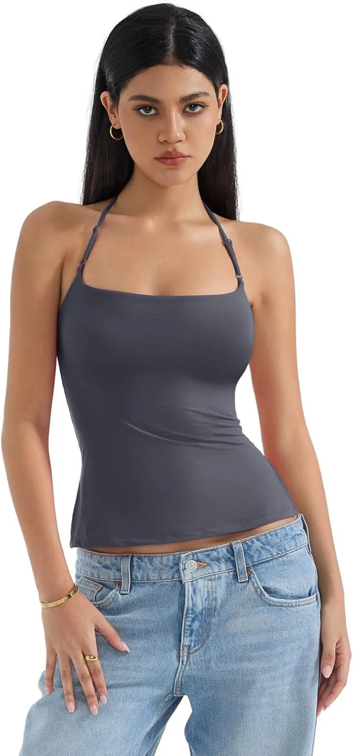 SUUKSESS Women Halter Double Lined Tank Top Backless Going Out Camisole Crop Top