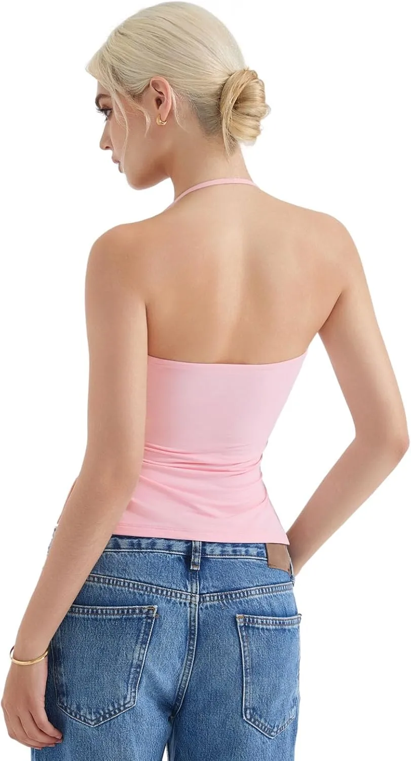 SUUKSESS Women Halter Double Lined Tank Top Backless Going Out Camisole Crop Top