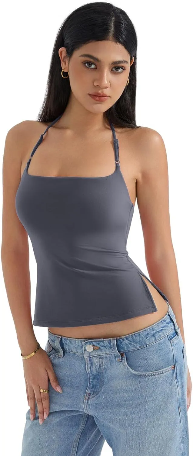 SUUKSESS Women Halter Double Lined Tank Top Backless Going Out Camisole Crop Top