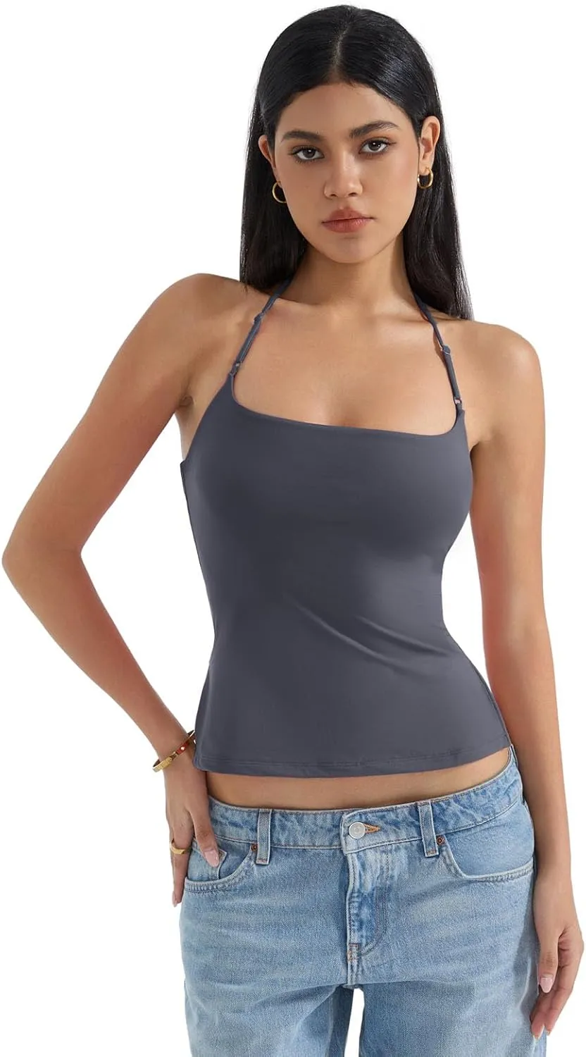 SUUKSESS Women Halter Double Lined Tank Top Backless Going Out Camisole Crop Top