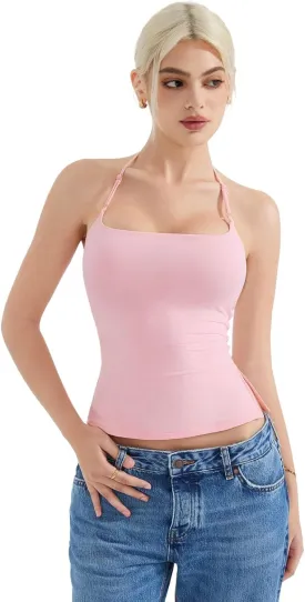 SUUKSESS Women Halter Double Lined Tank Top Backless Going Out Camisole Crop Top