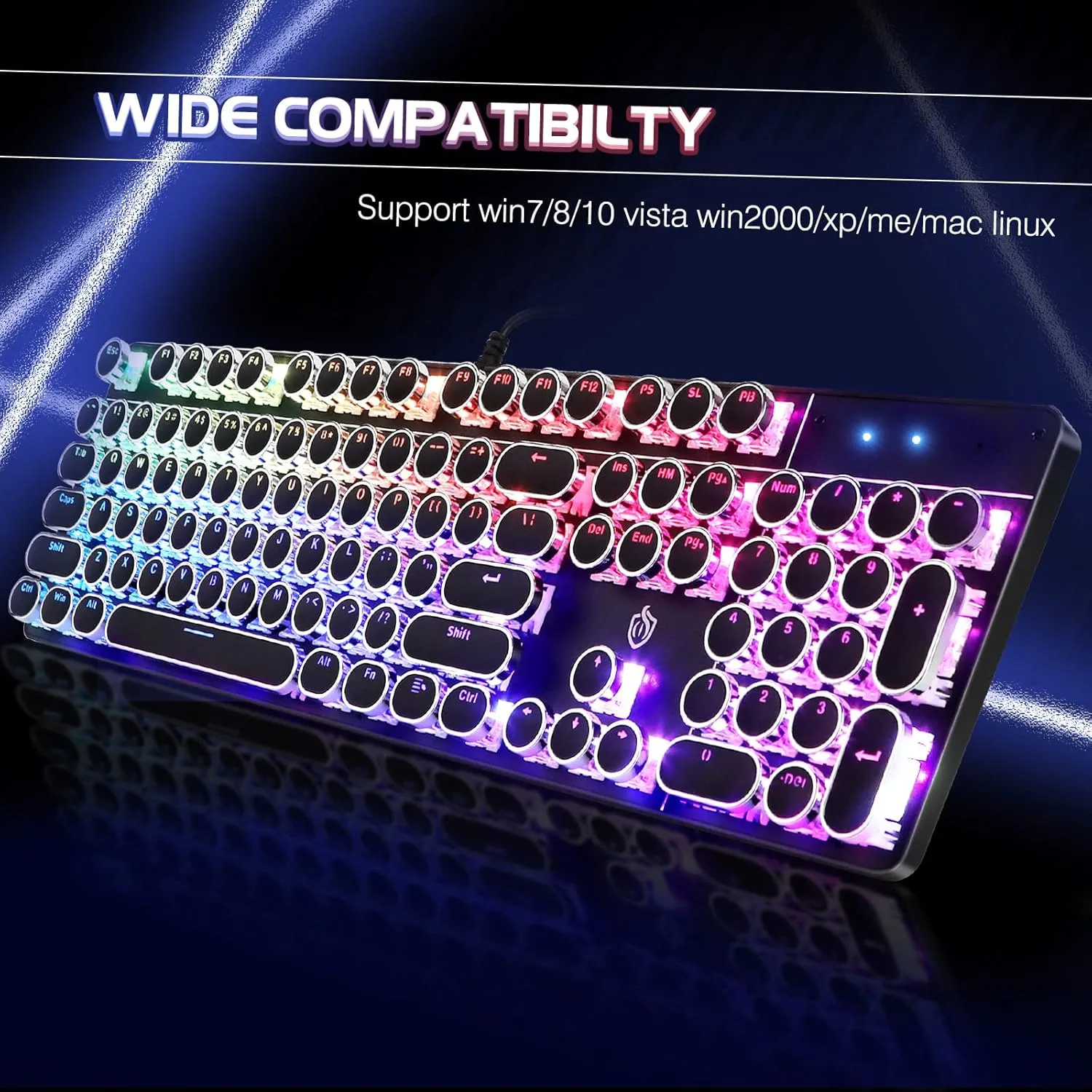 Typewriter Style Mechanical Gaming Keyboard RGB Backlit Wired with Blue Switch Retro Round Keycap 104 Keys Keyboard Compatible with Laptops/Chromebook/Desktop (Black 104 Keys RGB)
