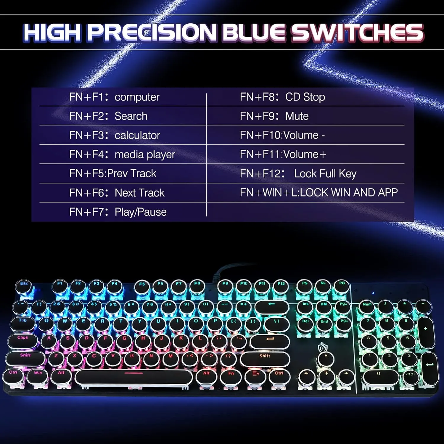 Typewriter Style Mechanical Gaming Keyboard RGB Backlit Wired with Blue Switch Retro Round Keycap 104 Keys Keyboard Compatible with Laptops/Chromebook/Desktop (Black 104 Keys RGB)