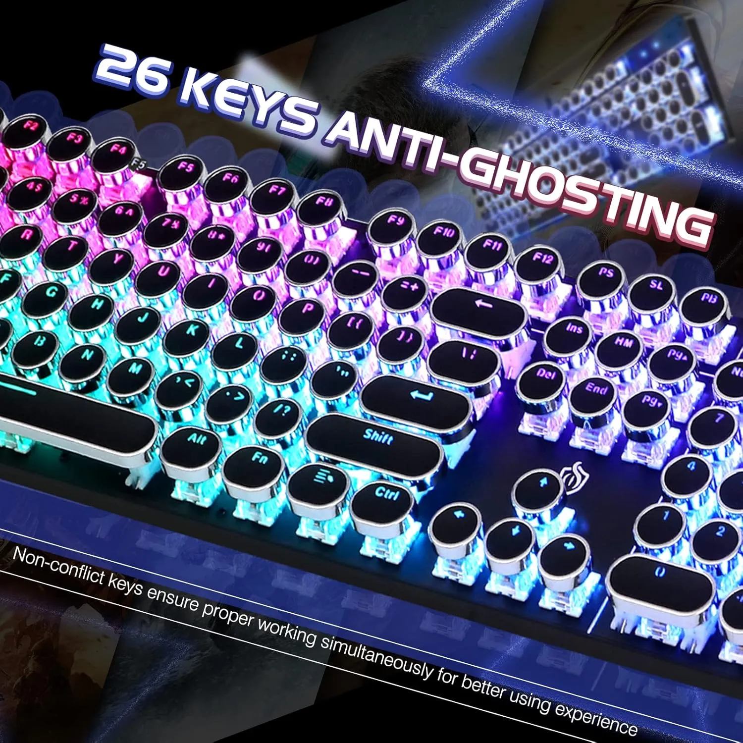 Typewriter Style Mechanical Gaming Keyboard RGB Backlit Wired with Blue Switch Retro Round Keycap 104 Keys Keyboard Compatible with Laptops/Chromebook/Desktop (Black 104 Keys RGB)