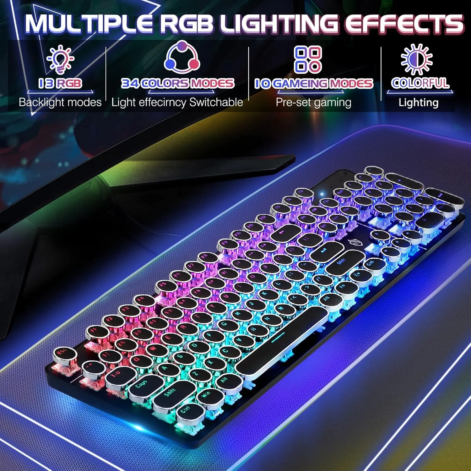 Typewriter Style Mechanical Gaming Keyboard RGB Backlit Wired with Blue Switch Retro Round Keycap 104 Keys Keyboard Compatible with Laptops/Chromebook/Desktop (Black 104 Keys RGB)