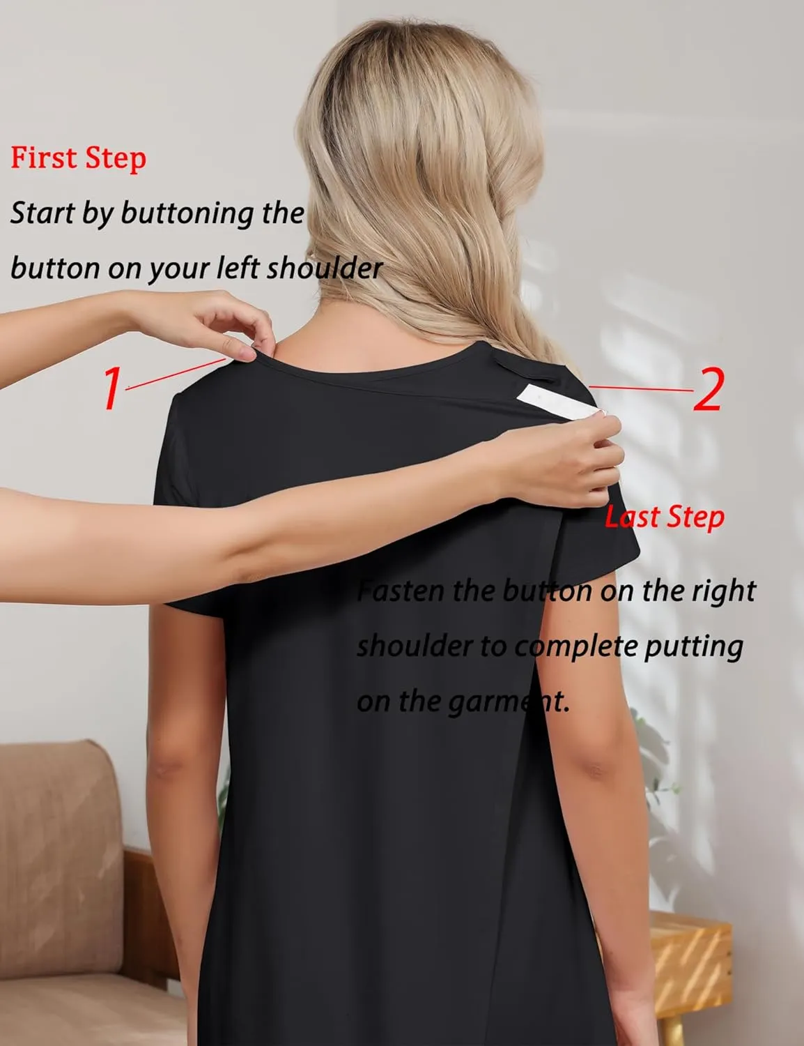 Women Tear Away Open Back Snap Dress Post Shoulder Surgery Hospital Gown Chemo Short Sleeve Adaptive Clothing