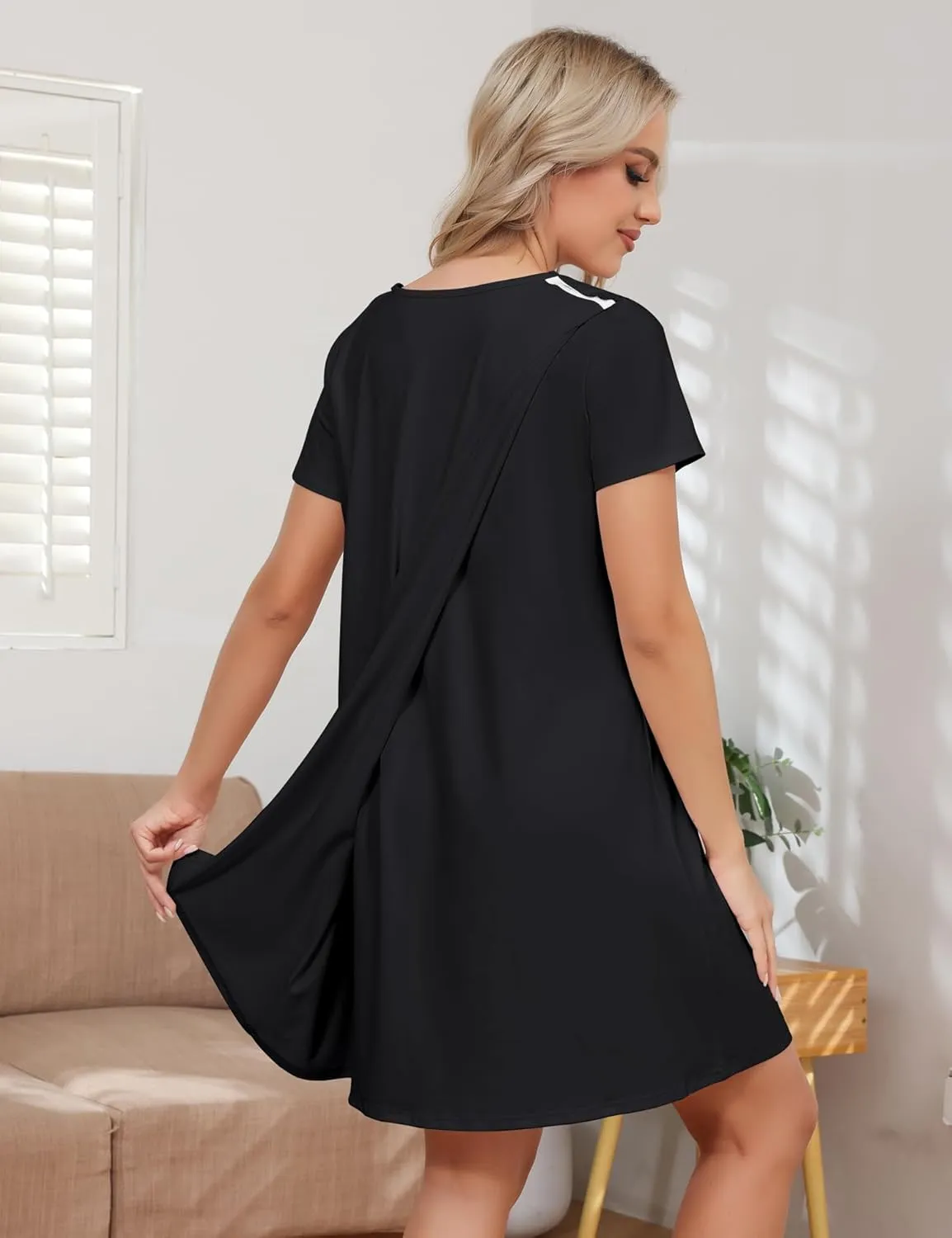 Women Tear Away Open Back Snap Dress Post Shoulder Surgery Hospital Gown Chemo Short Sleeve Adaptive Clothing